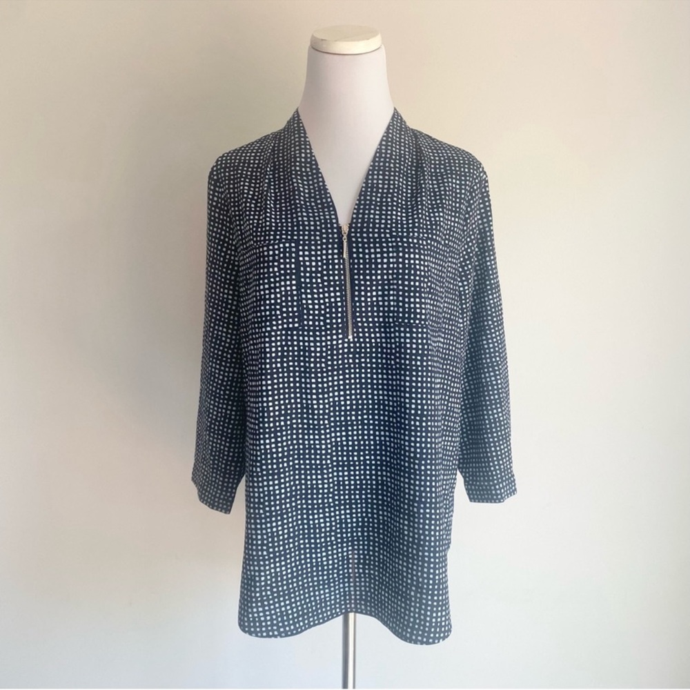 Jaclyn Smith Collection Blue Printed 3/4 Sleeves Zip Up Blouse